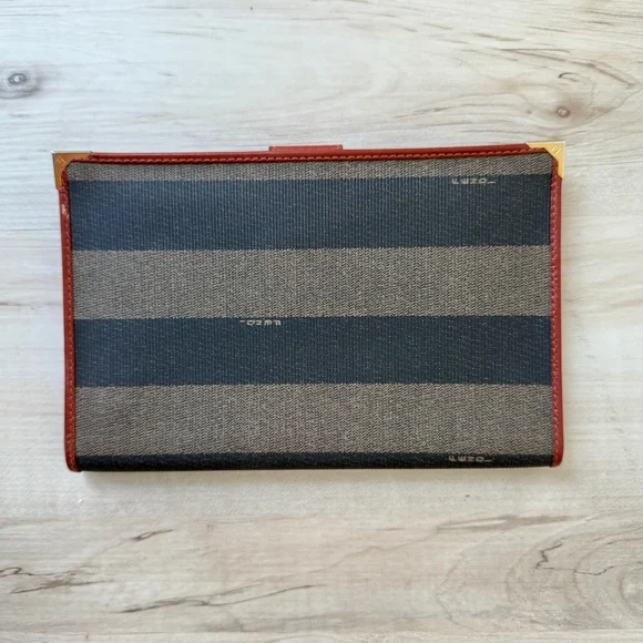 Authentic Vintage Fendi Pequin Pattern Pecan Leather-Trim Snap Wallet - Picture 3 of 6